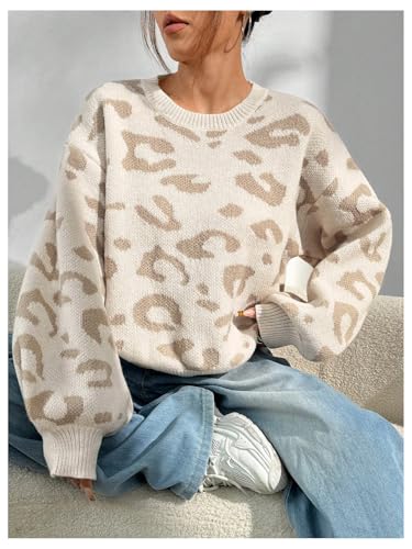 SHENHE Women's Vintage Leopard Print Crew Neck Drop Shoulder Loose Knit Pullover Sweater3