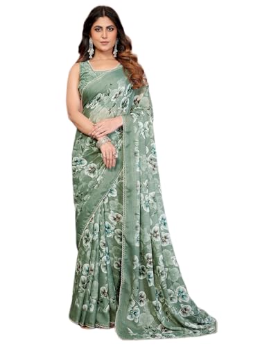 Image of Satrani Women's Georgette Floral Printed Saree with Unstitched Blouse Piece
