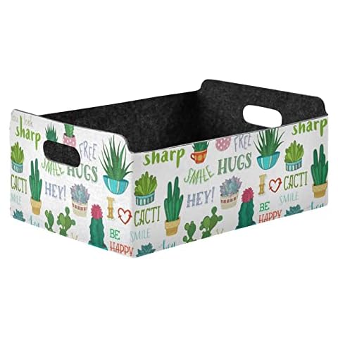 CaTaKu Foldable Storage Basket Funny Cartoon Cactus Flower Collapsible Felt Storage Bins with Handle Drawer Organizer Bin Cube Shelf Box for Organizing Closet Clothes Office Books Bedroom Cover