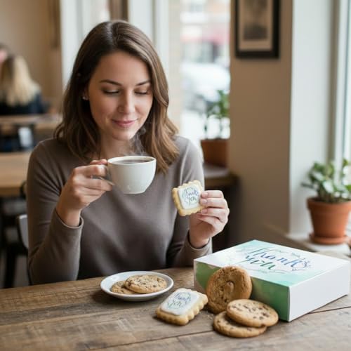 Woman holding a white cup and an individually wrapped decorated cookie beside a box of cookies on a café table.