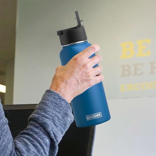Image of koodee Insulated Water Bottle-32 oz Stainless Steel Vacuum Insulated Water Bottle with Straw Lid, Double Wall Metal Sports Water Bottle for Men (Navy)