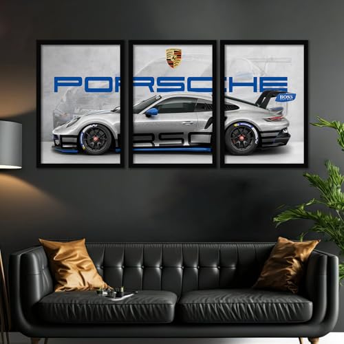 Image of ARTELLY Big Porsche 911 GT3rs Sports Car Framed Wall Posters, Set of 3, Premium Framed Painting, Living Room Bedroom Decoration, Large Size Gift Item for Boys Room Decor (Porsche 1, 13x19 inch)