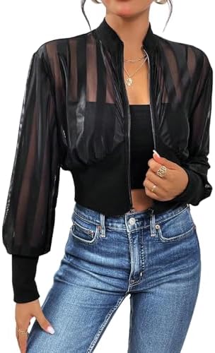 Milumia Women's Striped Lightweigh Sheer Mesh Crop Bomber Jacket Black X-Small