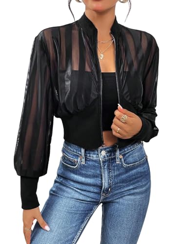 Milumia Women's Striped Lightweigh Sheer Mesh Crop Bomber Jacket Black