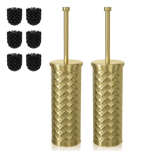 Toilet Bowl Brush and Holder Set 2 Pack with 4 Extra Brush Heads | Extra Long Handle with Splash Guard Cover Tool-Free Installation Bathroom Space-Saving Cleaner Sets for Apartments RV (Gold)