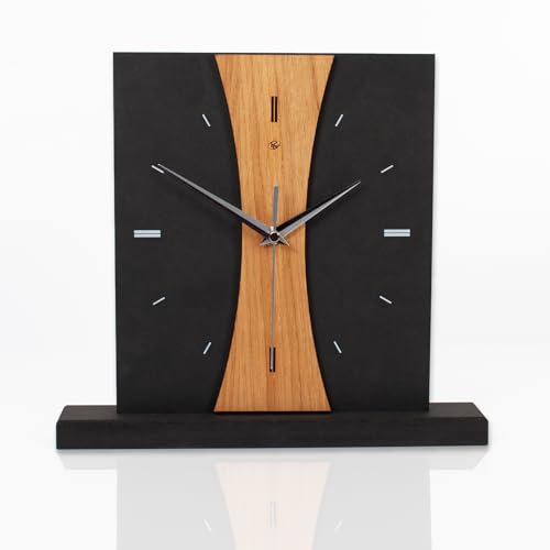 Kreative Feder Standuhr „Brown Stripe“ aus Holz – Schwarze Tischuhr in modernem Look ohne Ticken (Brown Stripe, leises Funkuhrwerk)