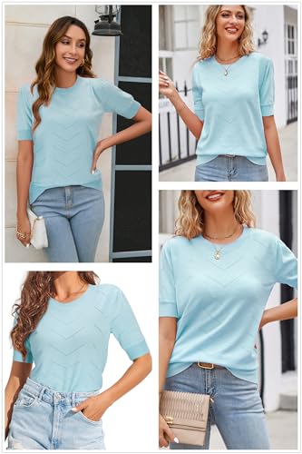 Image of Newshows Women's Sweater Short Sleeve Summer Fall Casual Business Shirts | Stretchy, Breathable, Lightweight, Summer Casual Sweater for Business 2026, Crewneck Dressy Tops, Daily Pullover, Work