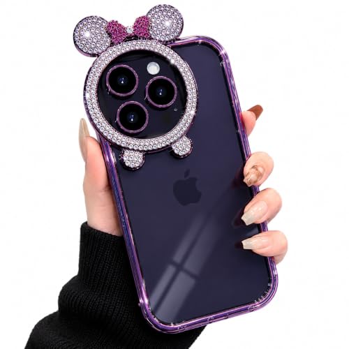 Image of mobistyle Designed for iPhone 14 pro Back Cover Luxury Rhinestone Camera Protection Shockproof Phone Case for Women with 360 Camera Guard, Protective Case for iPhone 14Pro(TPU | Purple)