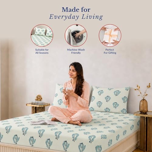 Image of Jaipur Weaves King Size Elastic Fitted Bedsheet, 100% Pure Cotton King Size Fitted Bedsheet for Double Bed with 2 Pillow Covers, 240 TC, 72x78 Inches up to 8-inch Mattress, Leafy(Spring Tulips Green)