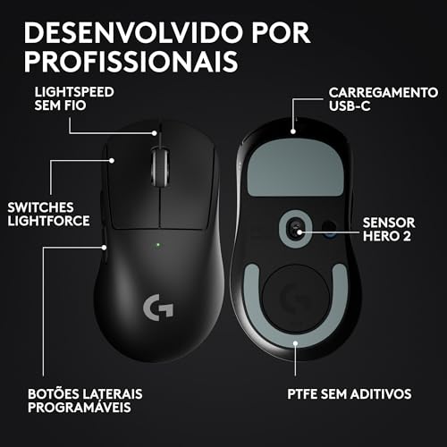 Mouse Gamer Sem Fio Logitech G PRO X SUPERLIGHT 2 DEX com Tecnologia LIGHTSPEED, Design Assimétrico para Destros, 5 Botões Programáveis, Sensor Hero 2 com DPI de 44K, Recarregável - Preto - Imagem 7