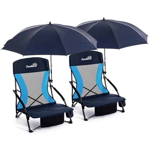 Folding Beach Chair with Umbrella for Adults, 2 Pack Portable Low Beach Chairs with 300lbs Capacity, Lightweight Fodable Camping Chair for Travel, Picnic, Concert & Outdoor Activities, Navy Blue