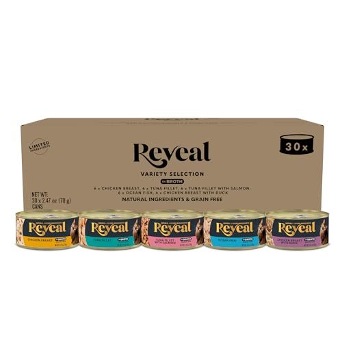 Reveal Natural Wet Cat Food 30 Count Grain Free Limited Ingredient Canned Food for Cats Fish and Chicken Variety in Broth 2.47 oz Cans