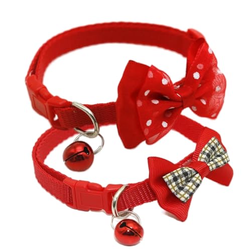 Red Cat Collar with Bells, 2-Pack Dog Collar with Bell Cute Bowtie Puppy Collar Nylon Adjustable Buckle for XXS XSmall Girl Pets Female Kitten Yorkie Teacup Chihuahua X-Small, Neck 7-12 Inch