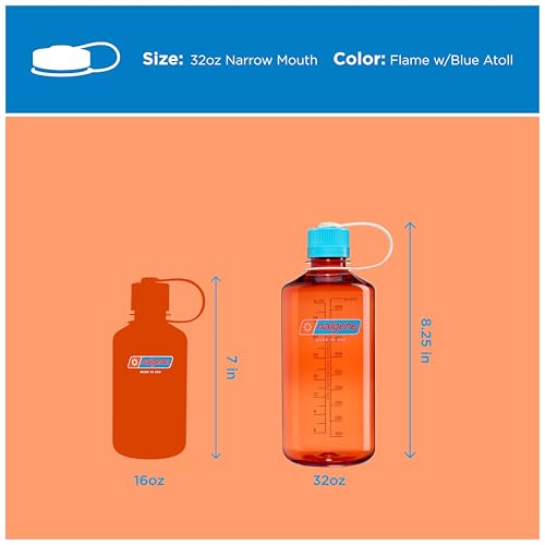 Image of Nalgene 32 oz Narrow Mouth Water Bottle | BPA-Free, Durable & Leak Proof, Lghtweght for Hkng & Gym - Thrll & Moton, Flame w /Blue Atoll