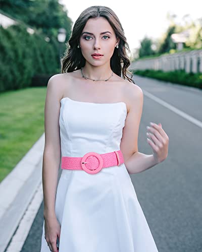 Image of WILLBOND 4 Pcs Women's Elastic Raffia Woven Belt, Boho Rattan Buckle Stretch Straw Wide Waist Belt for Dresses Jeans Pants