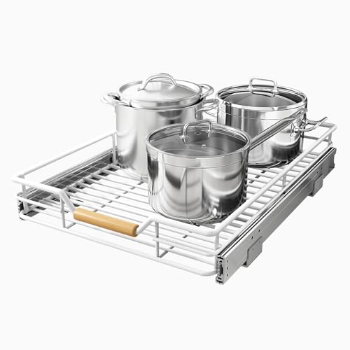 Image of Pull out Cabinet Organizer, 15 inchW X 21 inchD, Heavy Duty Smooth Sliding Under Cabinet Shelves for Pots and Pans, Full-Extension Roll out Drawers, Slide out Organization for Home Kitchen Pantry, White