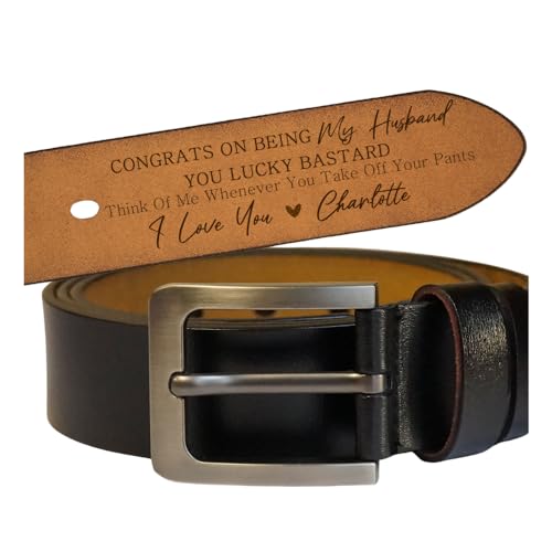 Congrats On Being My Husband You Lucky Bastard - Personalized Engraved Leather Belt, Custom Name Leather Belt for Men, Personalized Belt for Husband, Groom, Boyfriend, Fathers Day