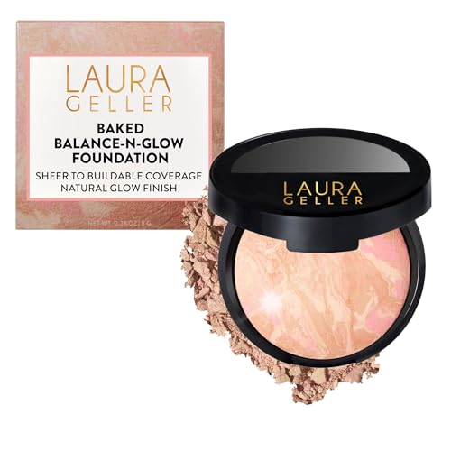 LAURA GELLER NEW YORK Baked Balance-n-Glow Illuminating Powder Foundation – Porcelain – Handmade in Italy – Pearl-Infused Satin Finish – Vitamin C Brightening – Buildable Coverage – For Mature Skin