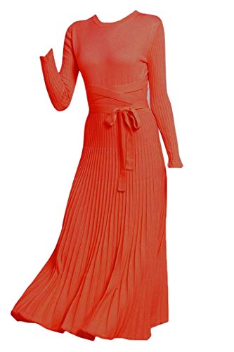 Image of Women's Long Knit Crewneck Sweater Dress Tie Waist A-Line Swing Pleated Bodycon
