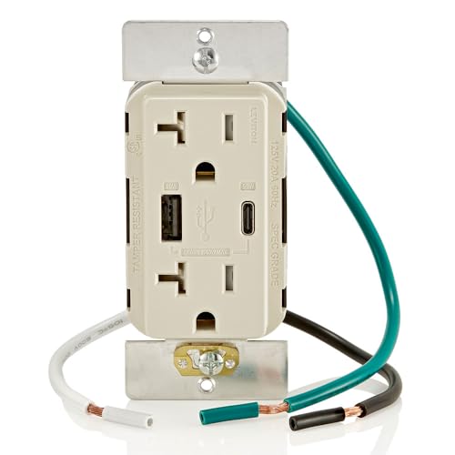 Image of Leviton T5834-T 60W (20V@2.5A+ 5V@2A) USB Dual Type A /Type-C Power Delivery in-Wall Charger with 20A Tamper-Resistant Outlet, USB Charger for Smartphones, Tablets, Laptops, Light Almond
