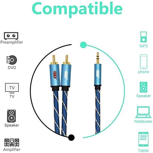 2RCA Cable 3.5mm to 2 RCA Audio Aux Cable Nylon Braided Male to 2rca Cable Connects Smartphone, Phone, Hi-Fi Amplifier, DJ Controller, Turntable, TV, Car Stereo (3M) - Image 3
