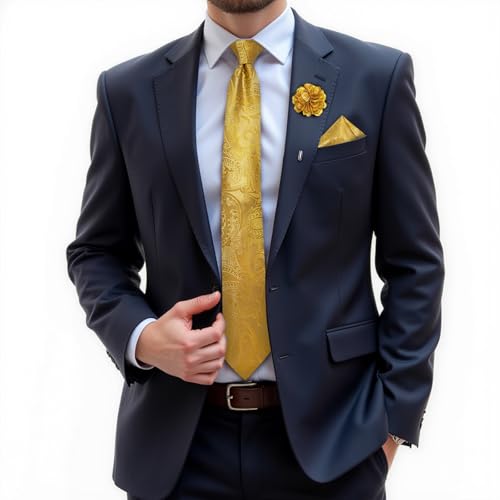 Image of DiBanGu Silk Ties for Men Necktie and Lapel Pin Brooch Set Formal Woven Paisley Plaid Striped Solid Tie Wedding Party