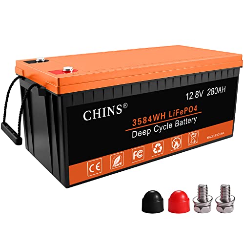 CHINS 12V 280Ah LiFePO4 Lithium Battery 200 BMS, 4000+ Deep Cycle Rechargeable Lithium Iron Phosphate Battery for RV/Camper, Marine, Overland/Van, and Off Grid Applications
