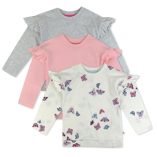 HonestBaby 3-Pack Flutter Shoulder Long Sleeve Top 100% Organic Cotton for Toddler, Baby Girls, Flying Butterfly Ivory, 4T