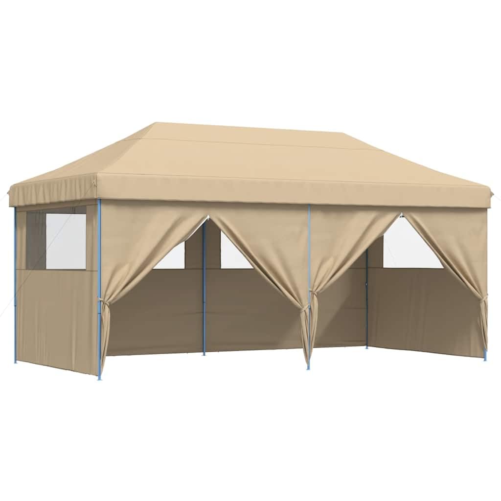Tienda de campaña plegable de color beige con 4 paneles laterales y ventanas, ideal para eventos al aire libre como bodas, fiestas y festivales