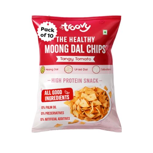 Image of Troovy Healthy Tangy Tomato Moong Dal Chips | Tasty & High Protein Snacks | 30% Of Protein Needs | No Palm Oil, Cholesterol or Trans Fats | 70g (Pack of 10)