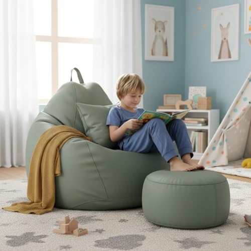 Image of 6XL Jumbo Premium Bean Bag Chair with Footrest & Cushion | Filled with High Density EPS Beans | Comfortable Sofa for Living Room & Bedroom | 6 Months Warranty, Color- (SAGE GREEN, 6XL, Premium)
