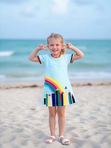 Hongshilian Little Girls Casual Cotton Dress Cartoon Print Short Sleeve Summer T-Shirt Skirt Dresses4