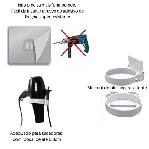 Suporte para Secador de Cabelo Fixação Adesiva Para Parede com Organizador de Cabo Fácil de instalar