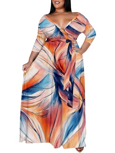 Image of SUZONANA Plus Size Maxi Dresses for Curcy Women Casual Loose 3 /4 Sleeve Long Dress with Belt