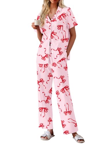 Image of Ekouaer Women's Cotton Pajamas Set Short Sleeve Button Down Pjs with Pants