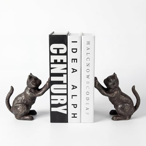 WANCHIY Cat Decorative Bookends Unique Cast Iron Book Stopper Set of 2 Heavy Duty Book Holders for Home Library and Office Shelf Decoration Vintage Antique Cat Design