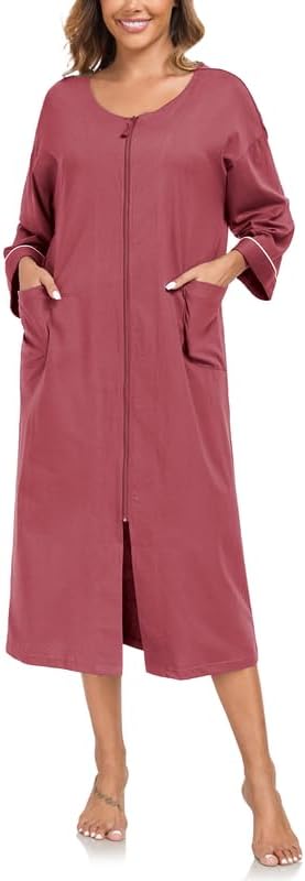 CF Women's 100% Cotton Zipper Robes 3/4 Sleeve House Coat Zip Up Housecoat Warm Full Length Loungewear with Pockets