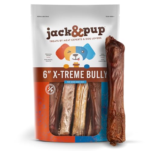 Jack&Pup 6" X-treme Bully Sticks for Large Dogs | Collagen + Pizzle Sticks for Dogs | 3X Longer Lasting for Aggressive Chewers (10 Count)