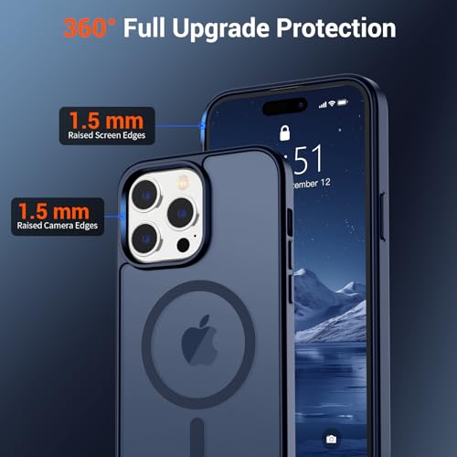 Image of SUPFINE Magnetic for iPhone 14 Pro Case (Compatible with MagSafe) (Military Grade Drop Protection) Translucent Matte Shockproof Phone Cover,Dark Blue