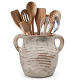 CWFutwell Rustic Utensil Holder for Kitchen Counter - Ceramic Farmhouse Cooking Utensil Crock & Organizer for Spatula, Spoon - Vintage Kitchen Decor (Taupe)
