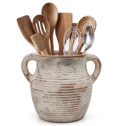 Rustic Utensil Holder for Kitchen Counter – Large Ceramic Farmhouse Cooking Utensil Crock & Organizer for Spatula, Spoon – Vintage Kitchen Decor (Taupe)