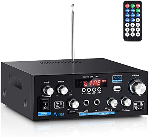 Facmogu AK55 Bluetooth Stereo Power Amplifier, RMS 70Wx2 MAX 450Wx2, 2CH Hi-Fi Sound Audio Amp Stereo Receiver for Home Theater Speakers, Bass Treble Control, w/AUX, RCA, USB, MIC in, FM Radio, Echo