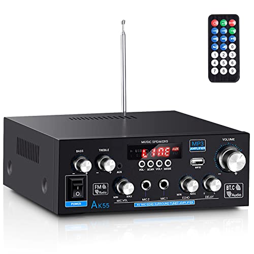 Facmogu Ak55 Bluetooth Stereo Power Amplifier, Rms 70Wx2 Max 450Wx2, 2Ch Hi-Fi Sound Audio Amp Stereo Receiver For Home Theater Speakers, Bass Treble Control, W/Aux, Rca, Usb, Mic In, Fm Radio, Echo #TOP20