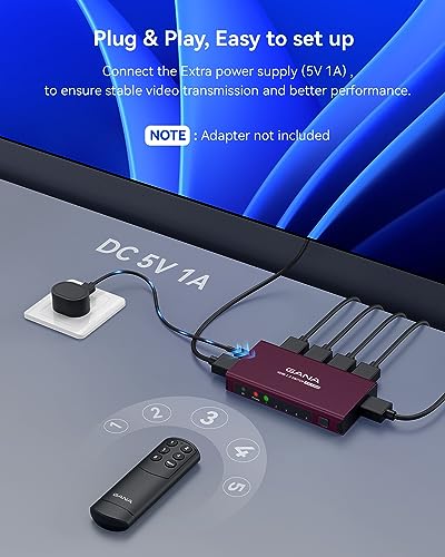 HDMI Switch 5 in 1 Out 4K@60Hz, GANA HDMI Splitter Switcher with Remote, Aluminum HDMI 2.0 Switch Box Hub for 3D, HDCP2.2, HDR, Compatible with Xbox, PS5/4/3,Fire Stick,Roku,Blu-Ray Player, Claret
