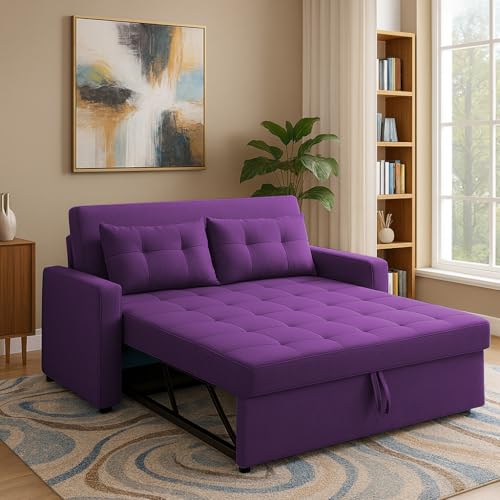 Image of Emilio 2-Seater Sofa Cum Bed for Living Room, Office & Home | Premium Fabric Pull-Out Sofa Set with 1 Year Warranty | Space Saving Convertible Sleeper Sofa for Guests & Daily Use | Purple