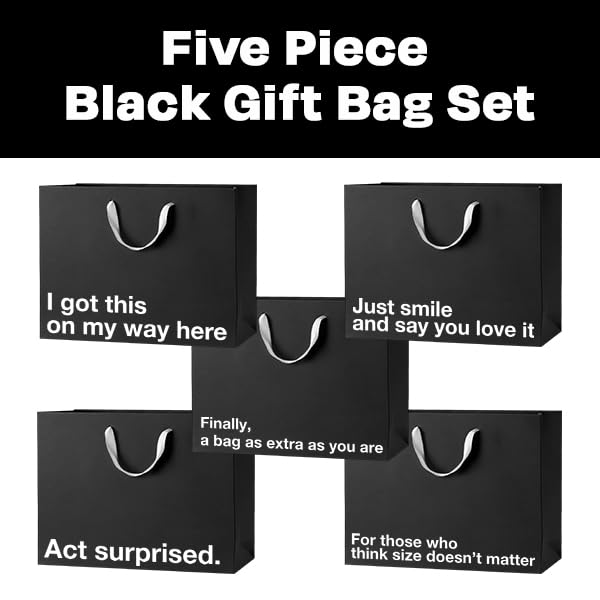 MilkToast Brands Funny Gift Bags, 16" x 6" x 12" Size, 5-Pack Set with Assorted Sarcastic Phrases, Large Black Kraft Paper Bags for White Elephant Gifts, Christmas, Holidays, Office Parties, Birthdays, Father's Day