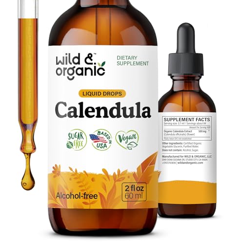 Image of Wild & Organic Calendula Flowers Supplement - Immune & Antioxidant Support - Add to Tea Liquid Drops - Calendula Tincture - Vegan, Alcohol & Sugar-Free - 2 fl oz