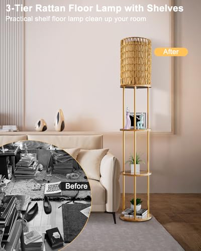 Image of Lightdot 61 inch Rattan Floor Lamp with Shelves, 3-Tier Storage Shelves with 3000K Bulb Included, Solid Wood Design, Corner Bookshelf Floor Lamps for Living Room /Sofa Beside /Corner Decor-Gold