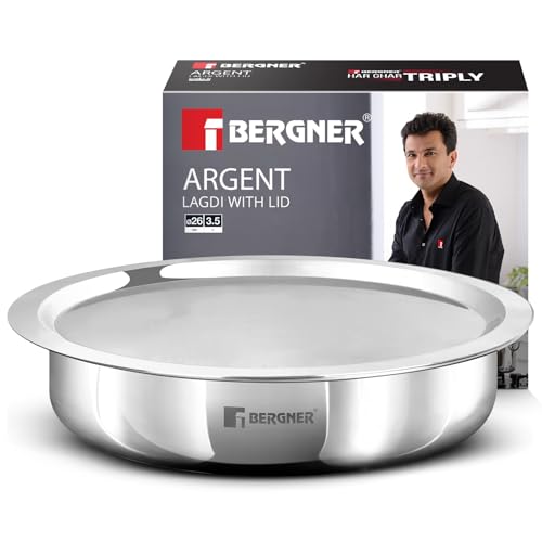 Image of BERGNER Argent 26cm Triply Lagdi with Stainless Steel Lid, 3.5 Liters Shallow Tope, Consumes Less Oil, Healthy Cooking, Food Safe, Flared Rim, Even Heat Distribution - Induction and Gas Stove Ready