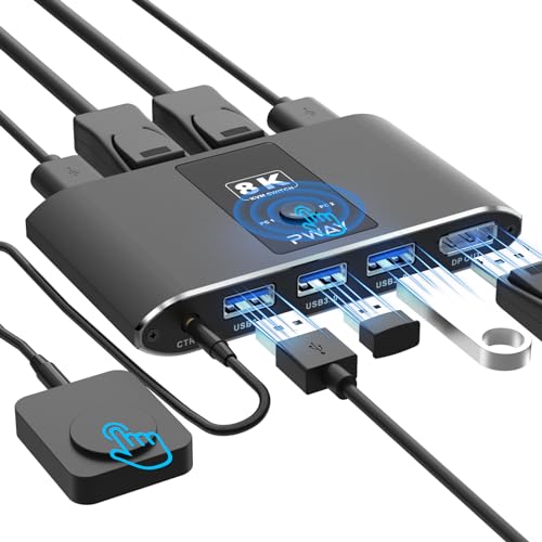 DisplayPort KVM Switch for Laptop/Desktop with DP 1.4 & 3 USB 3.0 Ports (3 USB-A), Supports 8K@60Hz, Control 2 PCs Sharing 1 Monitor & USB Devices, Wired Remote and Button Switch, Adaptive EDID